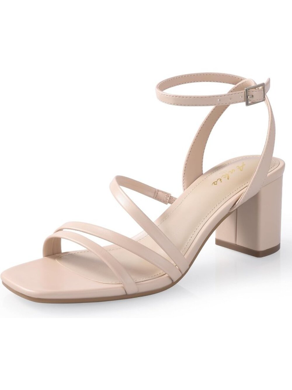 Women's Nude Adjustable Buckle Strap Square Open Toe Chunky Dressy Block Heels